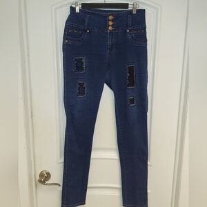 DIVA STAR JEANS DISTRESSED TATTERED LOOK WITH PATCHES, GOLD STUD ACCENTS SIZE 13
